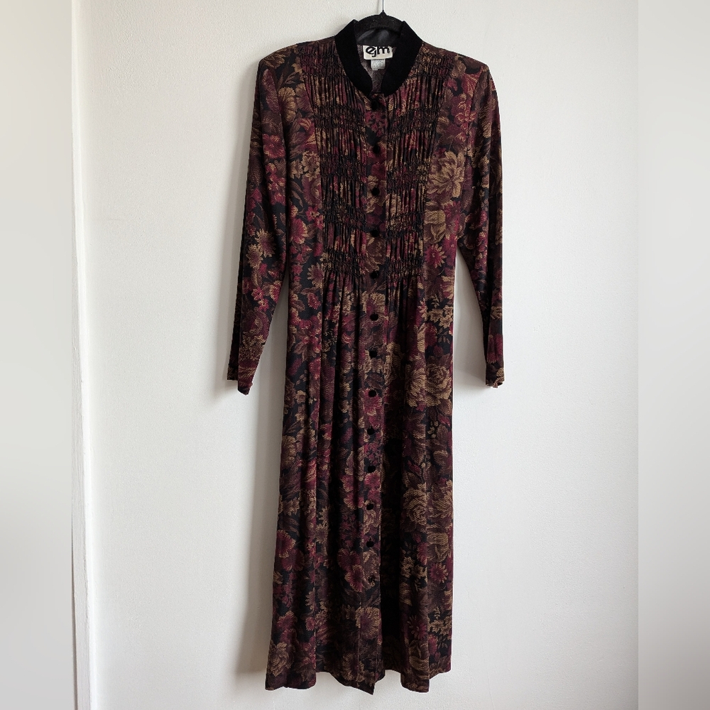 Vintage Victorian Gothic Floral Prairie Maxi Dress With Velvet Collar Burgundy